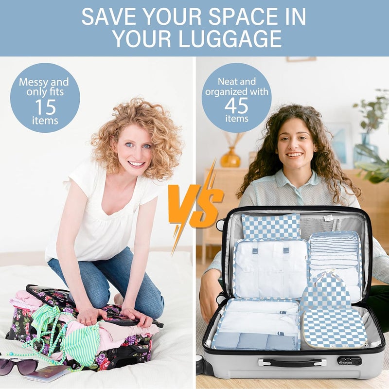 KPX 8 Set Packing Cubes for Travel, Luggage Packing Organizers Accessories Large Toiletries Bag for Clothes Shoes Cosmetics (Blue Checkered) - Image 5